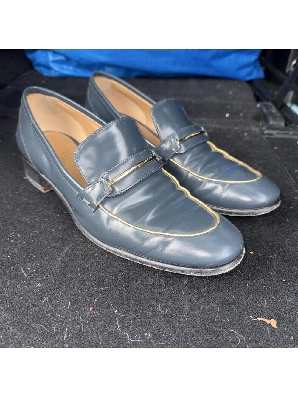 SALVATORE FERRAGAMO BLUE POLISHED CALFSKIN GOLD TRIM REED LOAFERS